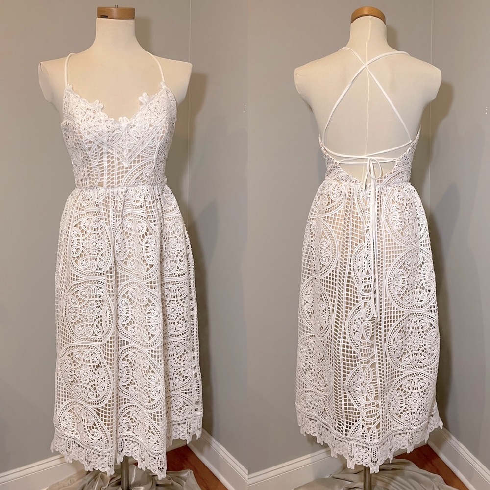 NWT AEOM Open Crochet Backless Midi Dress WHITE / SMALL